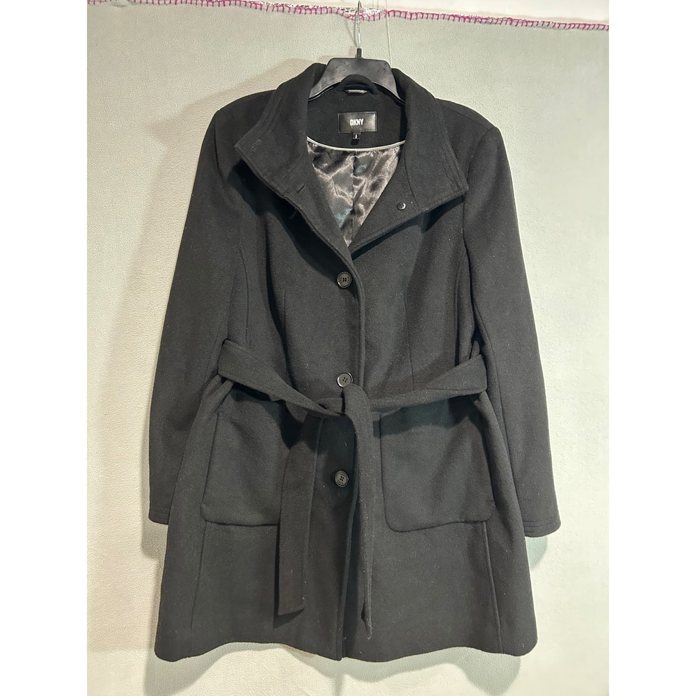 DKNY Wool Blend Trench Coat Women Large Black Belted Button Front Mid Length